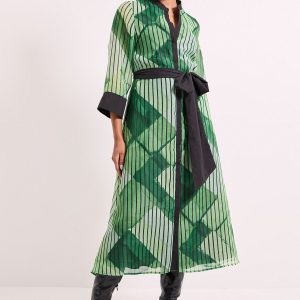 Green Belted Contrast Detail Collarless Shirt Dress