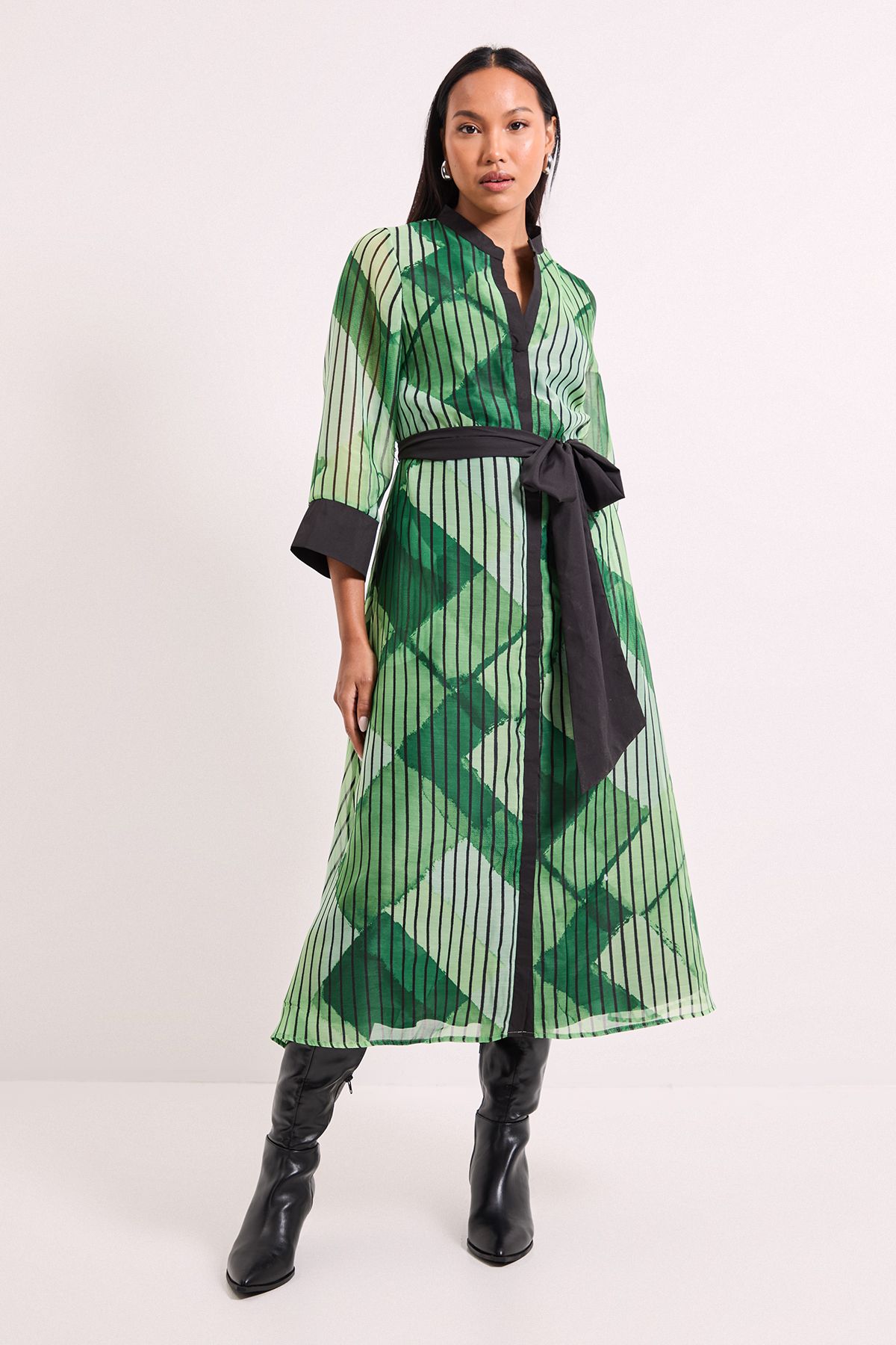 Green Belted Contrast Detail Collarless Shirt Dress