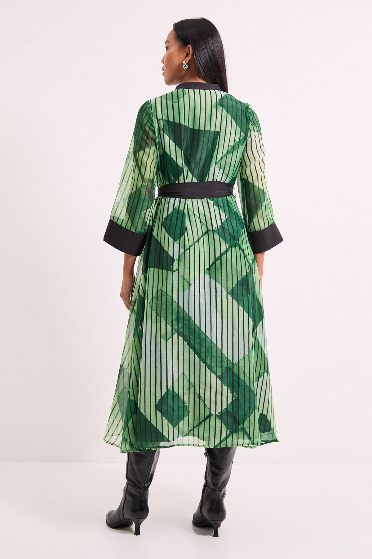 Green Belted Contrast Detail Collarless Shirt Dress - Image 3
