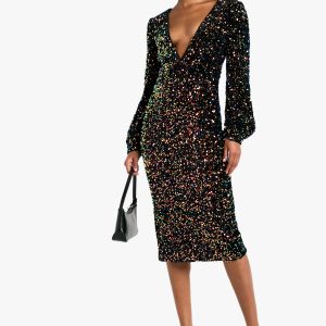 Tall Sequin Balloon Sleeve Plunge Midi Dress