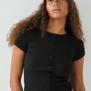 DSGN Studio Square Script Embroidered Rib Fitted Button Through Top