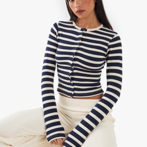DSGN Studio Stripe Button Detail Long Sleeve Top