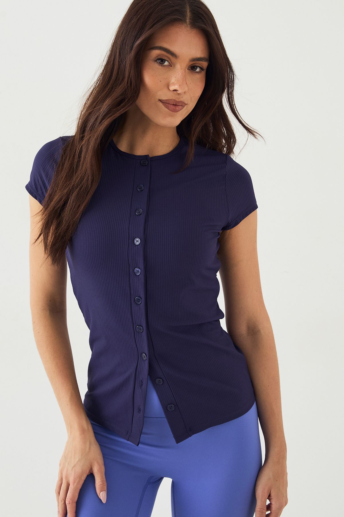 DSGN Studio Ultra Sculpt Rib Button Through Short Sleeve Top - Image 3